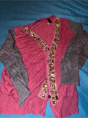 BKE Boutique Two-Tone Burgundy and Gray Women's Cardigan Sweater with embe rhi